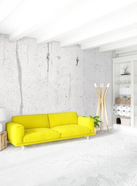 Modern çatı iç yatak odası veya oturma odası alanı ile eklektik duvar ile. 3D render.