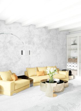 Modern çatı iç yatak odası veya oturma odası alanı ile eklektik duvar ile. 3D render.