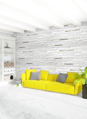 Modern çatı iç yatak odası veya oturma odası alanı ile eklektik duvar ile. 3D render.