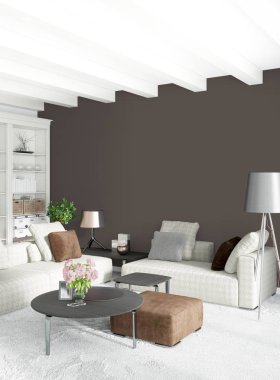 Modern çatı iç yatak odası veya oturma odası alanı ile eklektik duvar ile. 3D render.