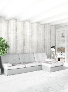 Modern çatı iç yatak odası veya oturma odası alanı ile eklektik duvar ile. 3D render.