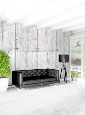 Modern çatı iç yatak odası veya oturma odası alanı ile eklektik duvar ile. 3D render.