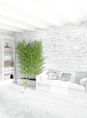 Modern çatı iç yatak odası veya oturma odası alanı ile eklektik duvar ile. 3D render.