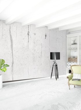 Modern çatı iç yatak odası veya oturma odası alanı ile eklektik duvar ile. 3D render.