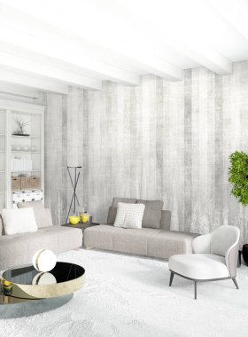 Modern çatı iç yatak odası veya oturma odası alanı ile eklektik duvar ile. 3D render.