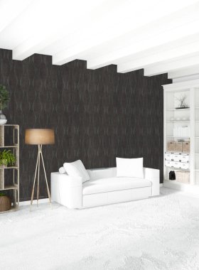 Modern çatı iç yatak odası veya oturma odası alanı ile eklektik duvar ile. 3D render.