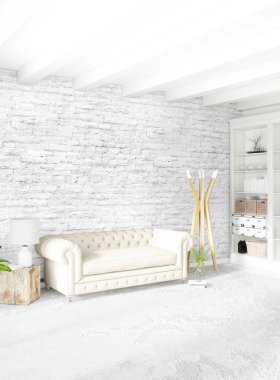 Modern çatı iç yatak odası veya oturma odası alanı ile eklektik duvar ile. 3D render.