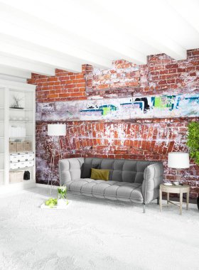 Modern çatı iç yatak odası veya oturma odası alanı ile eklektik duvar ile. 3D render.