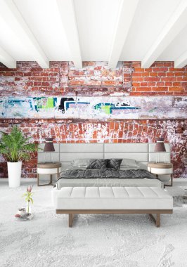 Modern çatı iç yatak odası veya oturma odası alanı ile eklektik duvar ile. 3D render.