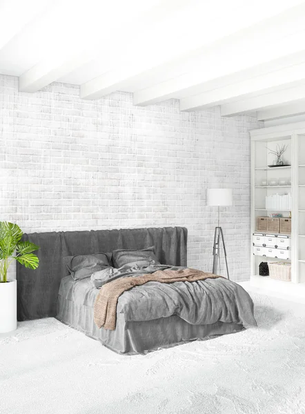 Modern çatı iç yatak odası veya oturma odası alanı ile eklektik duvar ile. 3D render.