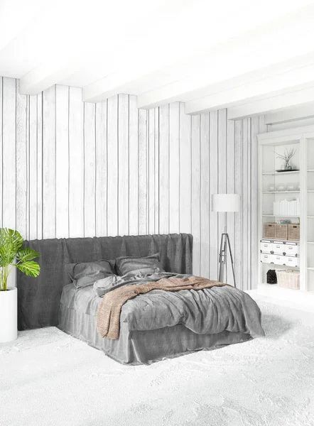 Εσωτερικών υπνοδωμάτιο σύγχρονης σοφίτας ή σαλόνι με εκλεκτική τοίχο με το χώρο. 3D rendering. — Φωτογραφία Αρχείου