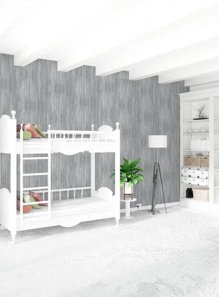 Modern çatı iç bebek odası veya kreş alanı ile eklektik duvar ile. 3D render.