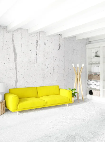 Modern çatı iç yatak odası veya oturma odası alanı ile eklektik duvar ile. 3D render.