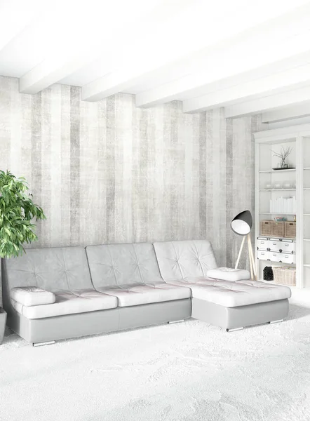 Modern çatı iç yatak odası veya oturma odası alanı ile eklektik duvar ile. 3D render.