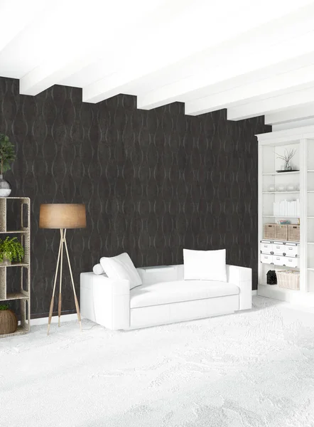 Modern çatı iç yatak odası veya oturma odası alanı ile eklektik duvar ile. 3D render.