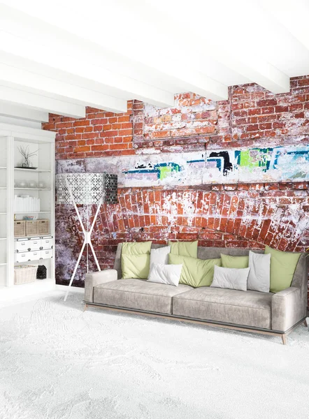 Modern çatı iç yatak odası veya oturma odası alanı ile eklektik duvar ile. 3D render.