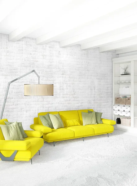 Modern çatı iç yatak odası veya oturma odası alanı ile eklektik duvar ile. 3D render.