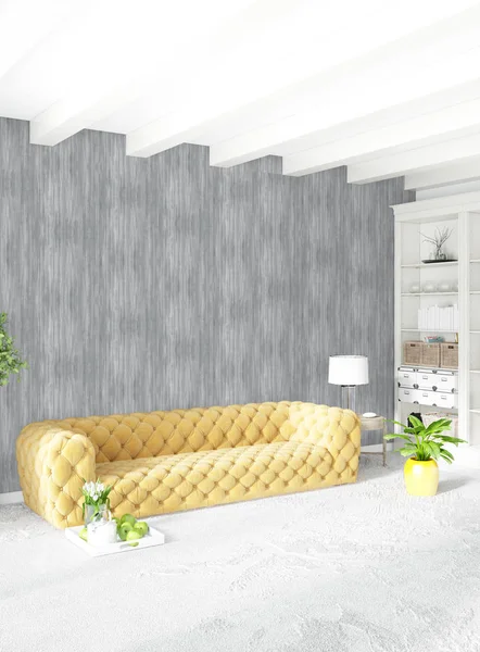 Modern çatı iç yatak odası veya oturma odası alanı ile eklektik duvar ile. 3D render.