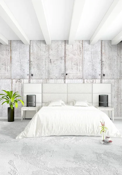 Modern çatı iç yatak odası veya oturma odası alanı ile eklektik duvar ile. 3D render.