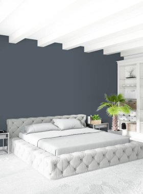 Dikey yatak odası en az ya da Loft tarzı iç tasarım. 3D render. Kavram fikir.