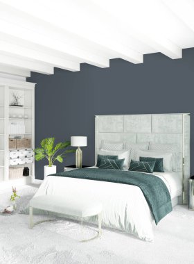 Dikey yatak odası en az ya da Loft tarzı iç tasarım. 3D render. Kavram fikir.