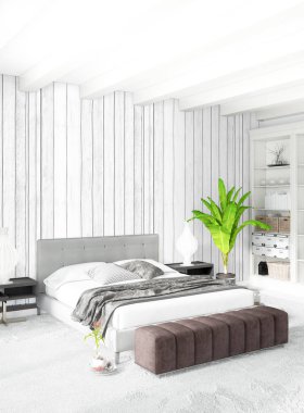 Dikey yatak odası en az ya da Loft tarzı iç tasarım. 3D render. Kavram fikir.