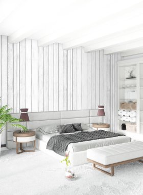 Dikey yatak odası en az ya da Loft tarzı iç tasarım. 3D render. Kavram fikir.