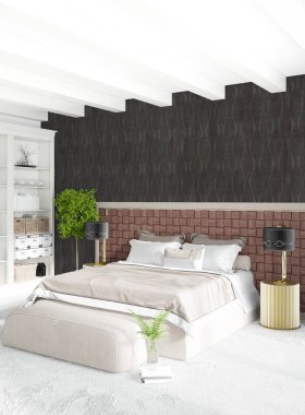 Dikey yatak odası en az ya da Loft tarzı iç tasarım. 3D render. Kavram fikir.