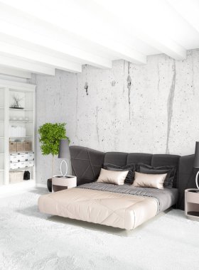 Dikey yatak odası en az ya da Loft tarzı iç tasarım. 3D render. Kavram fikir.