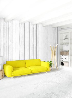 Dikey yatak odası en az ya da Loft tarzı iç tasarım. 3D render. Kavram fikir.