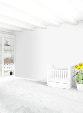 Dikey yatak odası en az ya da Loft tarzı iç tasarım. 3D render. Kavram fikir.