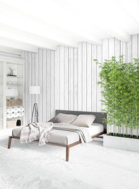 Dikey yatak odası en az ya da Loft tarzı iç tasarım. 3D render. Kavram fikir.