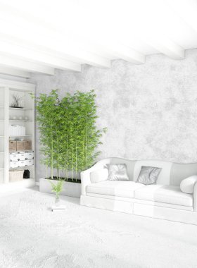 Dikey yatak odası en az ya da Loft tarzı iç tasarım. 3D render. Kavram fikir.