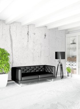 Dikey yatak odası en az ya da Loft tarzı iç tasarım. 3D render. Kavram fikir.