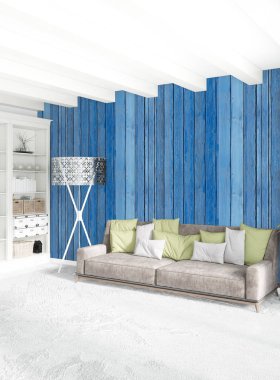 Dikey yatak odası en az ya da Loft tarzı iç tasarım. 3D render. Kavram fikir.