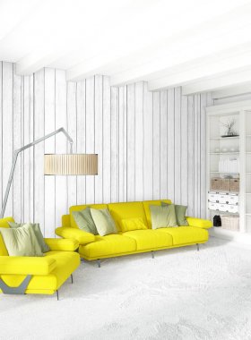 Dikey yatak odası en az ya da Loft tarzı iç tasarım. 3D render. Kavram fikir.