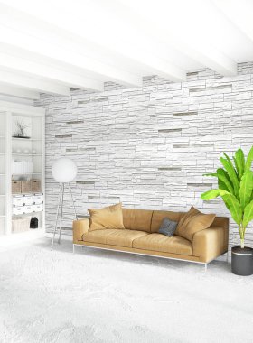 Dikey yatak odası en az ya da Loft tarzı iç tasarım. 3D render. Kavram fikir.