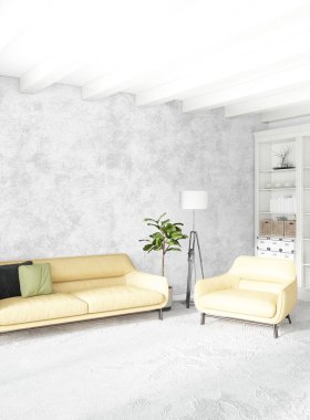 Dikey yatak odası en az ya da Loft tarzı iç tasarım. 3D render. Kavram fikir.