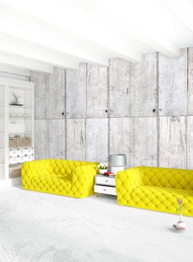 Dikey yatak odası en az ya da Loft tarzı iç tasarım. 3D render. Kavram fikir.