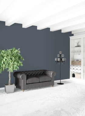 Dikey yatak odası en az ya da Loft tarzı iç tasarım. 3D render. Kavram fikir.