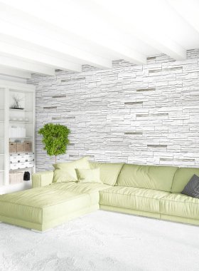 Dikey yatak odası en az ya da Loft tarzı iç tasarım. 3D render. Kavram fikir.