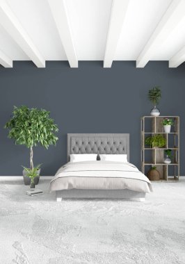 Dikey yatak odası en az ya da Loft tarzı iç tasarım. 3D render. Kavram fikir.