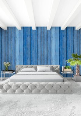 Dikey yatak odası en az ya da Loft tarzı iç tasarım. 3D render. Kavram fikir.