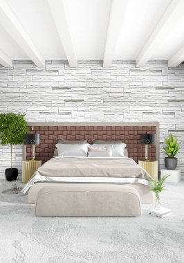 Dikey yatak odası en az ya da Loft tarzı iç tasarım. 3D render. Kavram fikir.