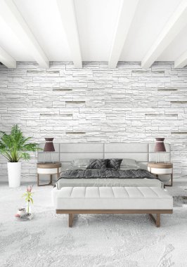 Dikey yatak odası en az ya da Loft tarzı iç tasarım. 3D render. Kavram fikir.