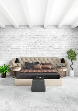 Dikey yatak odası en az ya da Loft tarzı iç tasarım. 3D render. Kavram fikir.