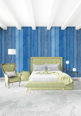 Dikey yatak odası en az ya da Loft tarzı iç tasarım. 3D render. Kavram fikir.