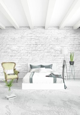 Dikey yatak odası en az ya da Loft tarzı iç tasarım. 3D render. Kavram fikir.