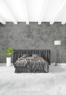 Dikey yatak odası en az ya da Loft tarzı iç tasarım. 3D render. Kavram fikir.