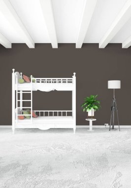 Dikey yatak odası en az ya da Loft tarzı iç tasarım. 3D render. Kavram fikir.